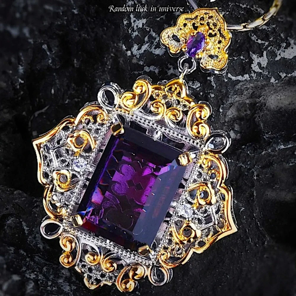 Antique Amethyst Pendant Necklace, Two Tone, Gold, Silver, Women’s, Gemstone,